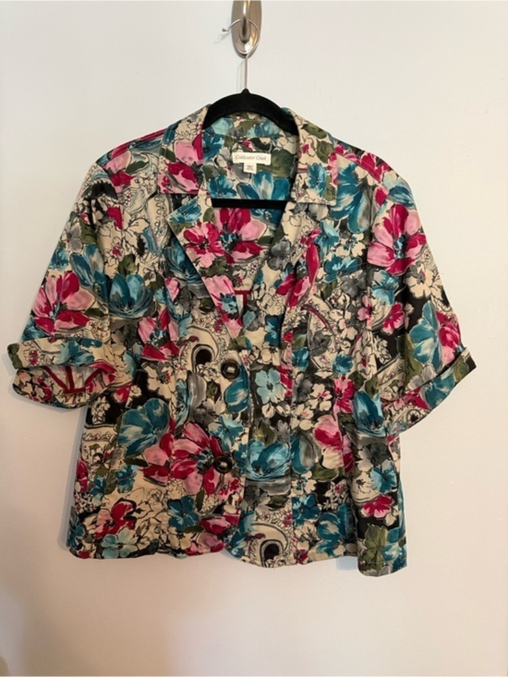 Coldwater Creek Floral Cotton Blazer Short Sleeve Jacket Plus Size W16 Pink Teal